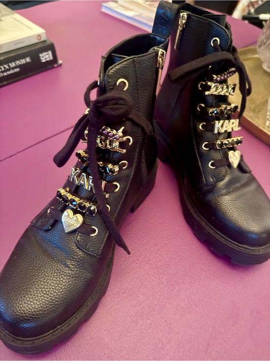 Karl Lagerfeld Shoes - Karl Lagerfeld Black Leather Lace-Up Combat Boots with Gold Charms